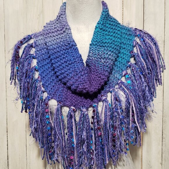 NEW Hand Knitted Blue Purple Chunky Infinity Boho Cowl Scarf Fringed Artsy - Picture 3 of 6